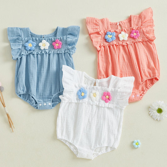 Newborn Baby Girls Flower Embroidery Romper - Smocked Flying Sleeve Jumpsuit (0-12M)
