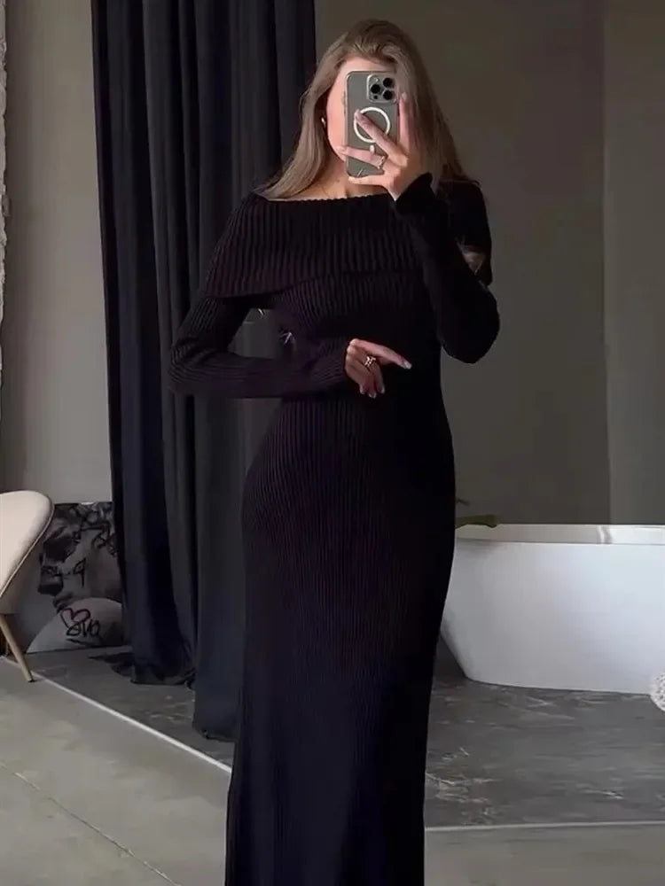 Women's Long Off-Shoulder Ribbed Loose High Waist Knitwear Maxi Dress