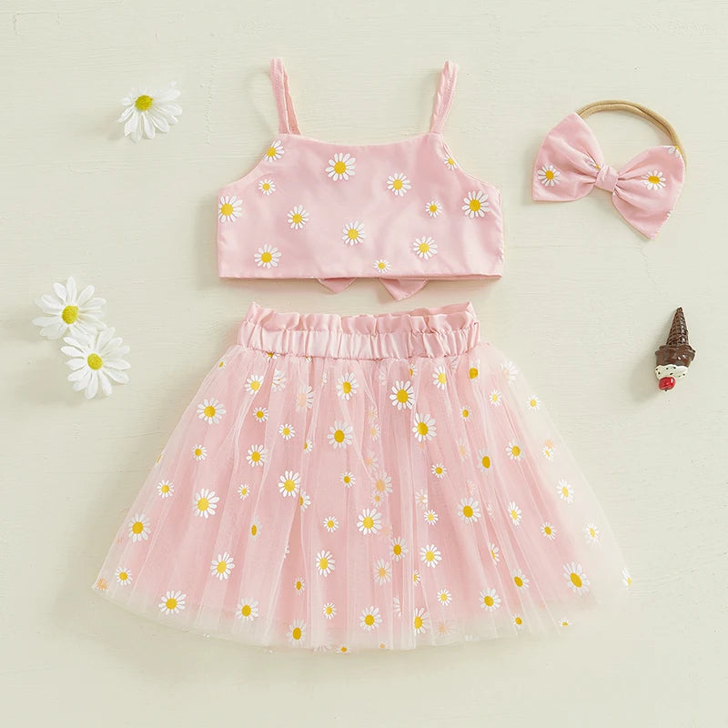 0-3Y Toddler Baby Girls Summer Clothes Sets Sunflowers Print Spaghetti Strap Top and Tulle Skirt Bow Headband