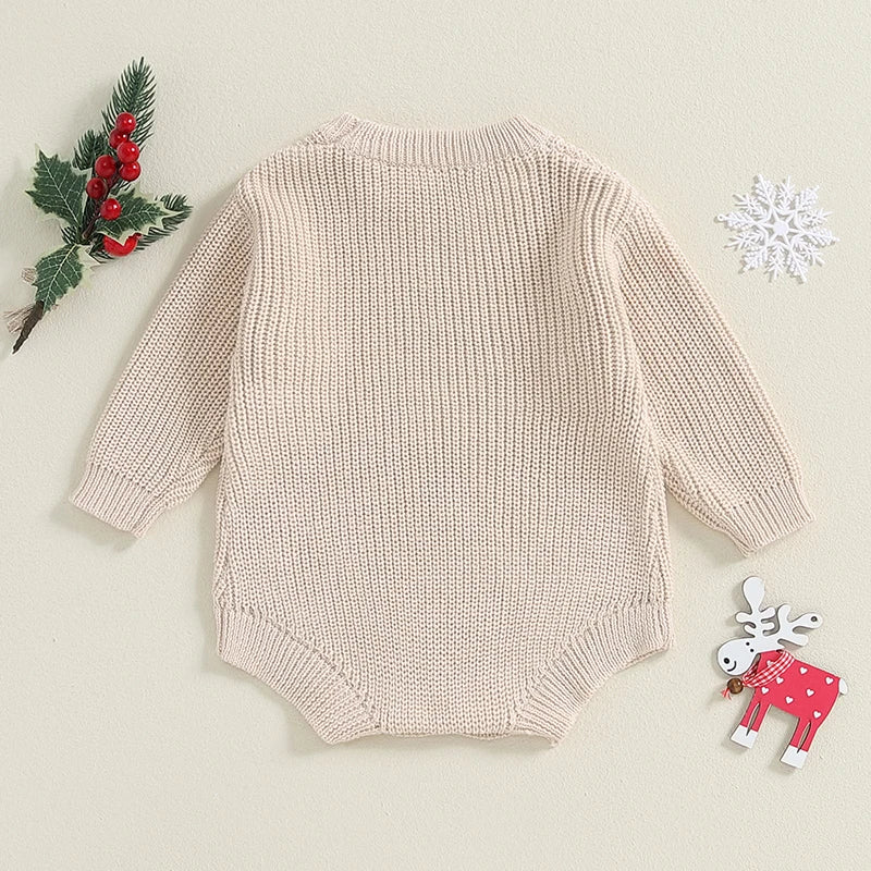 0-18M Baby Boys Girls Christmas Knit Romper Sweater Letter Embroidery Long Sleeve Crew Neck Bubble Jumpsuit