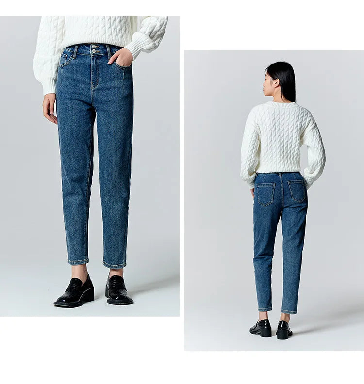 Women's Slim Fit Brushed Jeans - Tapered Winter Denim for Daily Wear
