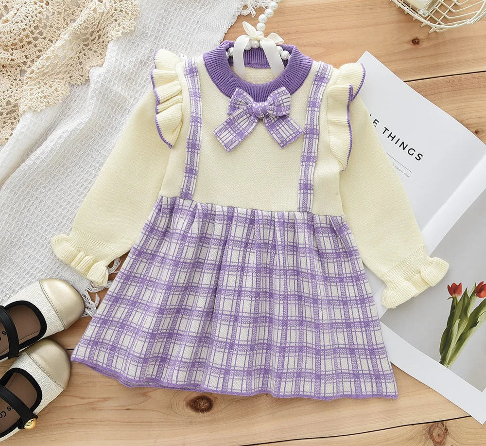 Girl's Long Sleeved Round Neck  with Checkered Bow Patchwork Dress