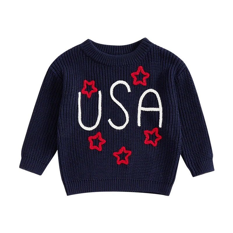 0-5Y USA Kids Boys Girls Sweater Letter Star Embroidery Long Sleeve Crew Neck Knitted Pullover Tops
