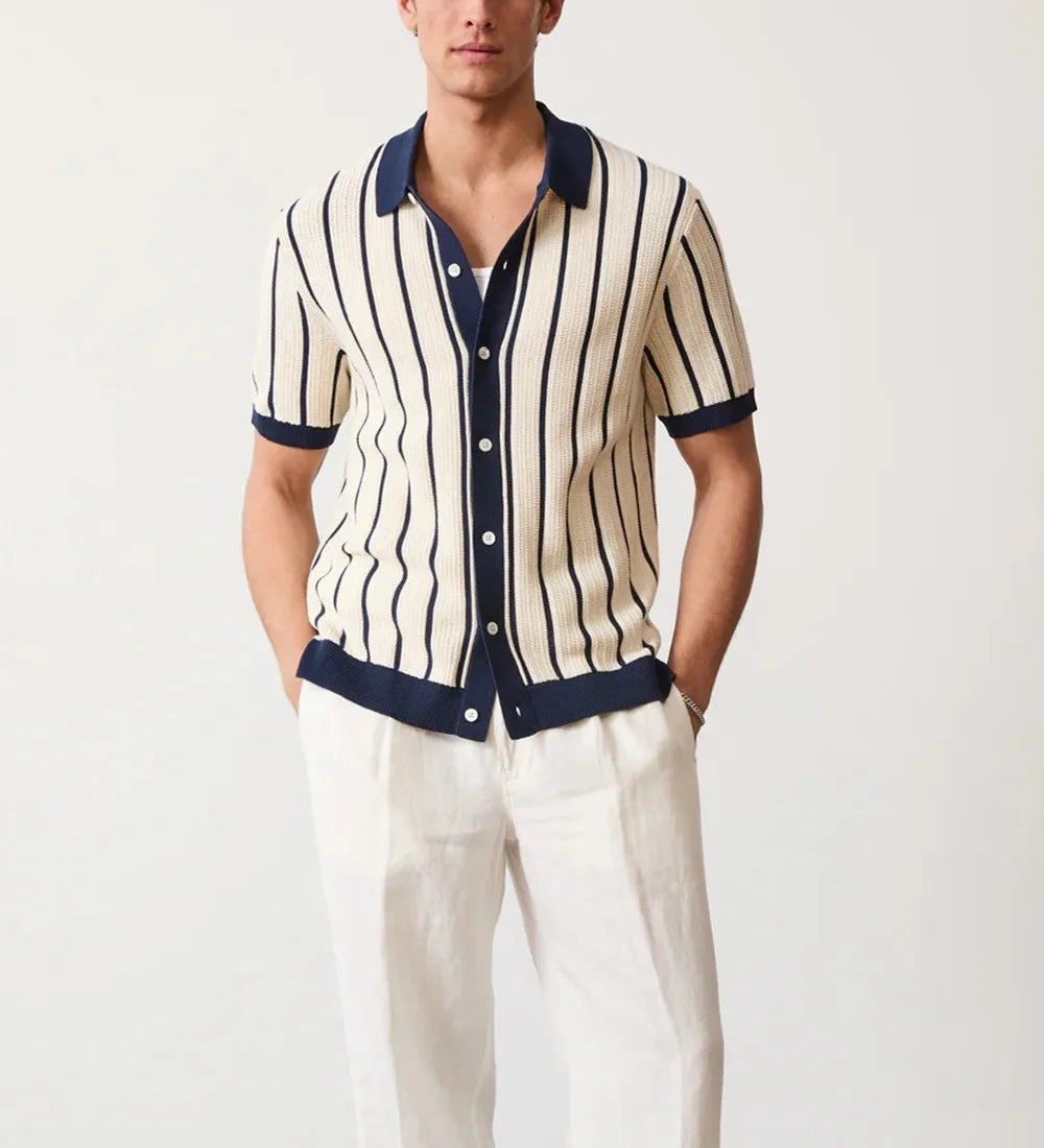 Men's Summer Striped Knit Polo Patchwork Short Sleeve Turn Down Collar Smart Casual Shirt