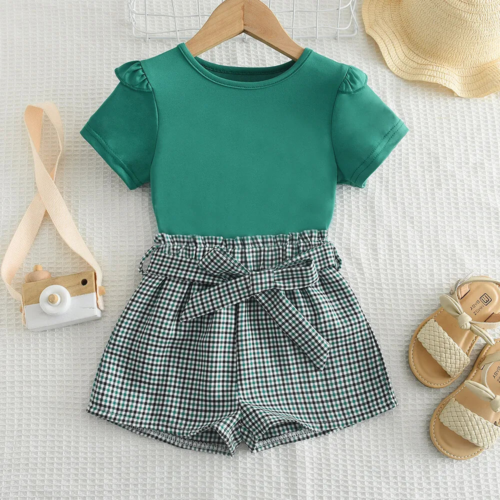 Girls Summer Flying Short Sleeve T-shirt and Bow Plaid Shorts Pants Set