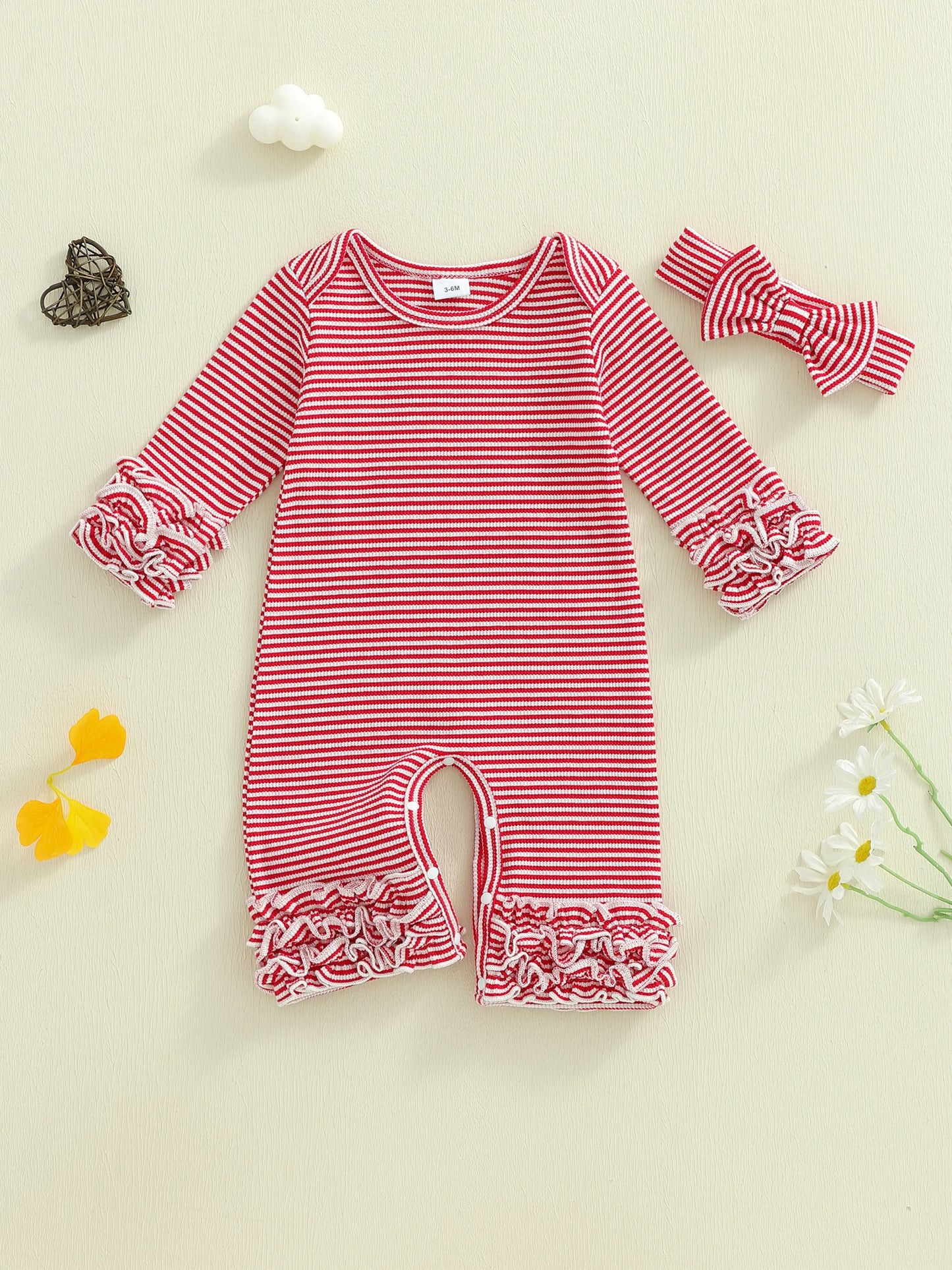 Baby Girls Striped Romper Outfit - Long Sleeve Full Length Jumpsuit with Bow Headband (0-18M)