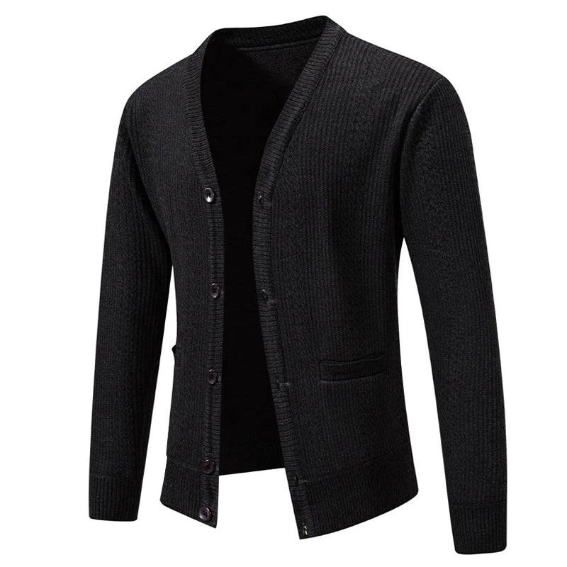 V-Neck Fleece Cardigan - Single Breasted Knitted Jacket