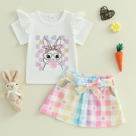 0-4Y  Kids Girls Easter Clothes Sets 2pcs Short Sleeve Rabbit Letter Print T Shirts + Checkered A-Line Skirts
