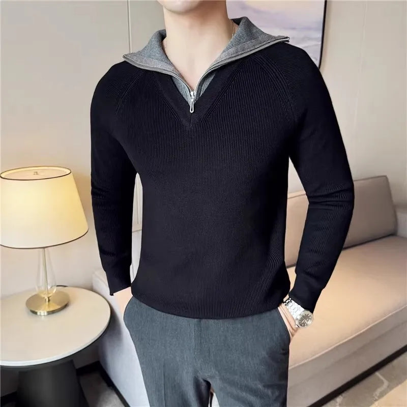 Men's Half Zipper Turn Down Collar Casual Patchwork Knit Pullovers Sweater