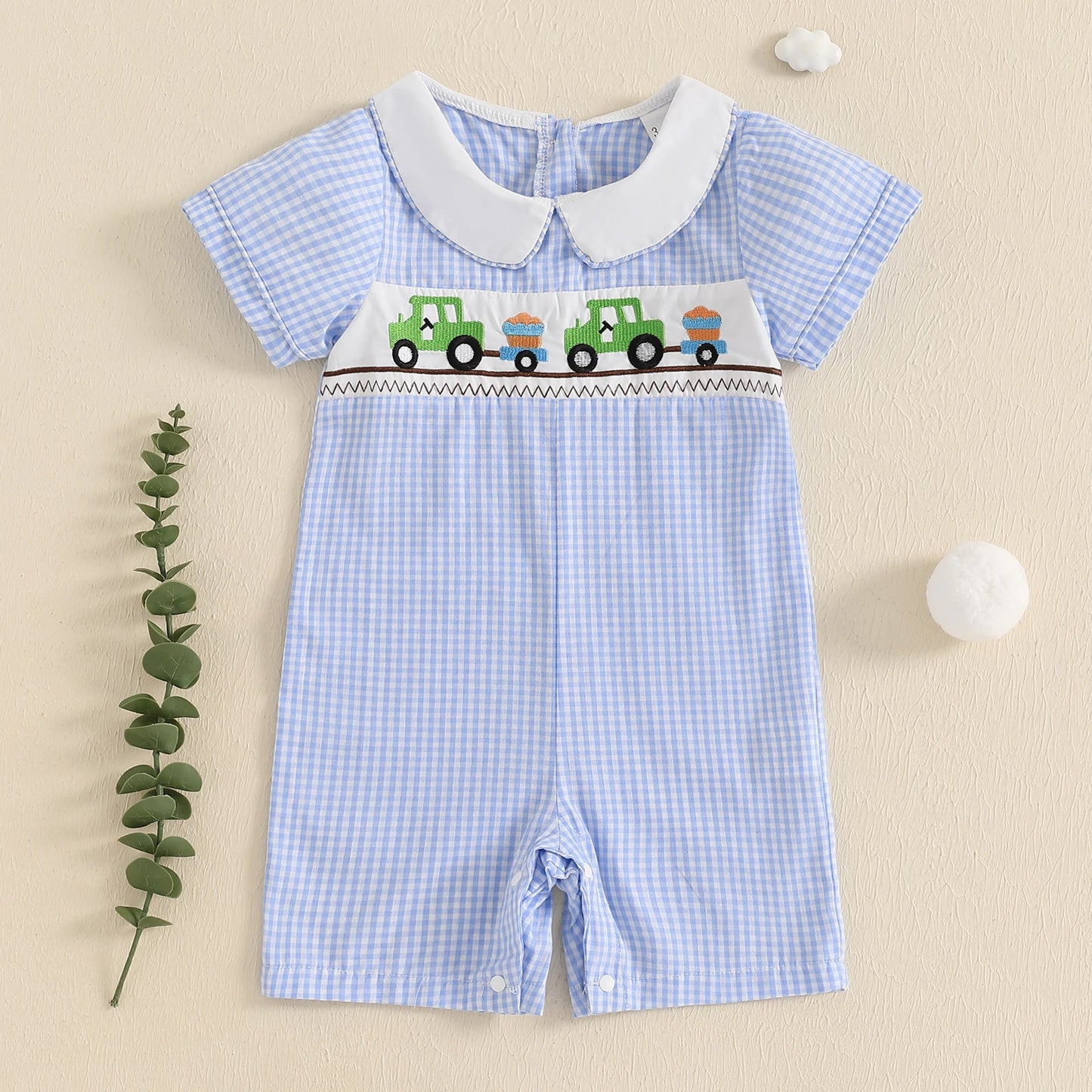 Baby Boys Romper - Doll Collar Golf Embroidery Plaid Jumpsuit