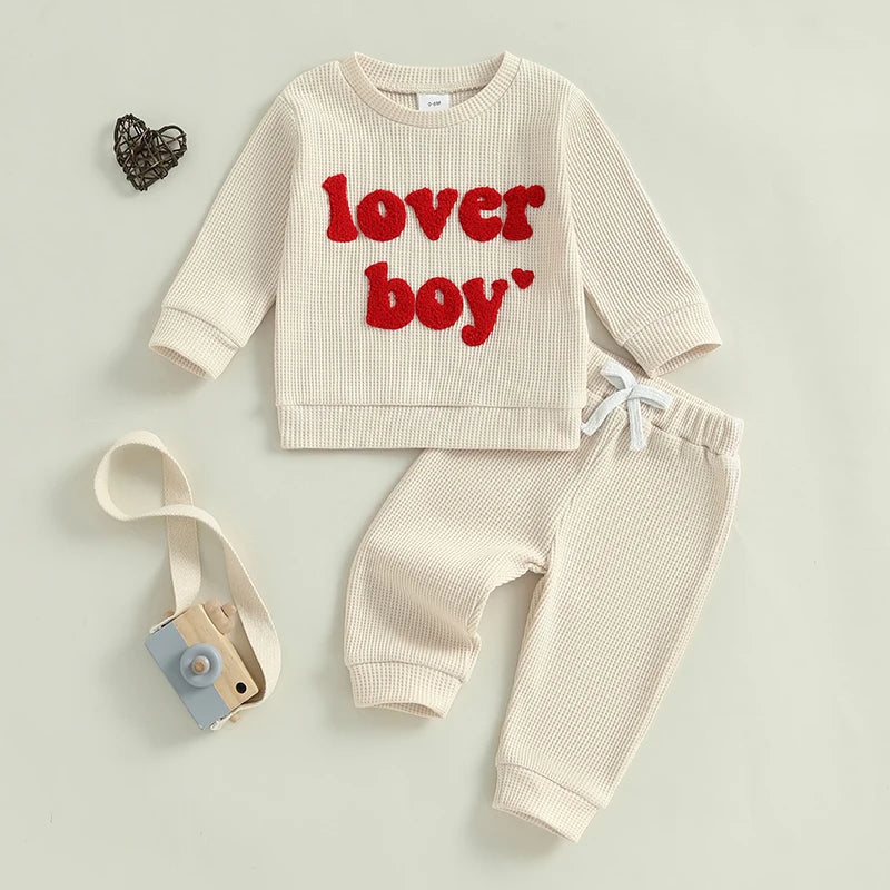 0-3Y Baby Boys Valentine's Day Clothes Sets Letter Embroidery Ribbed Long Sleeve Sweatshirts Drawstring Pants