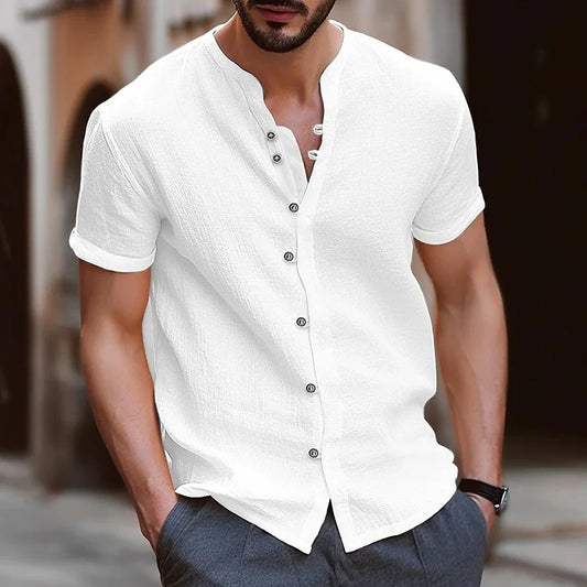 Men's Summer Cotton Casual Short Sleeve Stand Collar Vintage Shirt