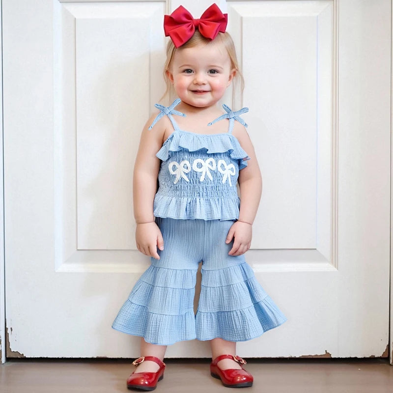 0-6Y Kids Girls Summer Clothes Set Bow Embroidery Tie-Strap Tank Top with Solid Color Flare Pants