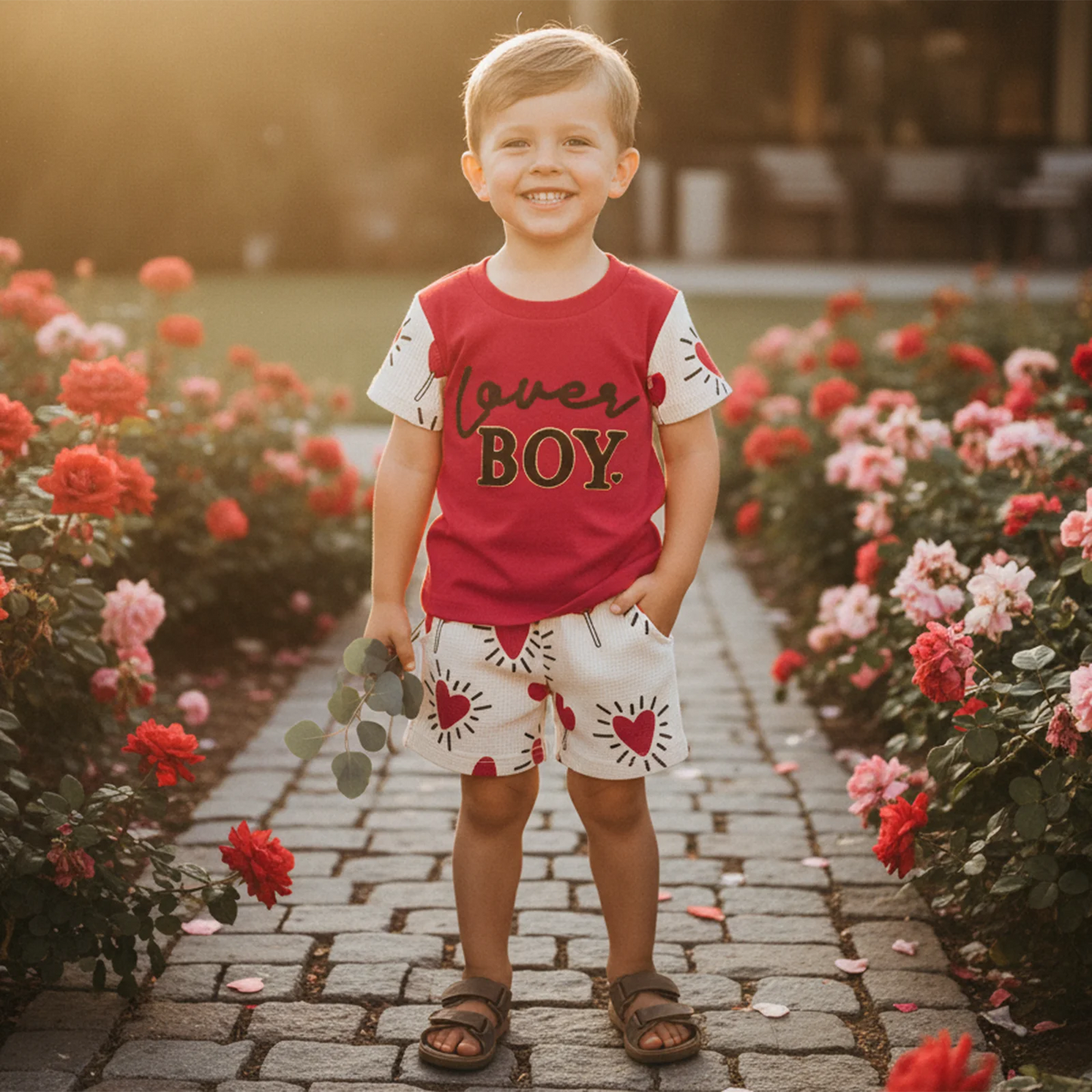 Toddler Boys Valentine's Day Outfit Set - Letter Embroidery T-Shirt & Candy Heart Shorts
