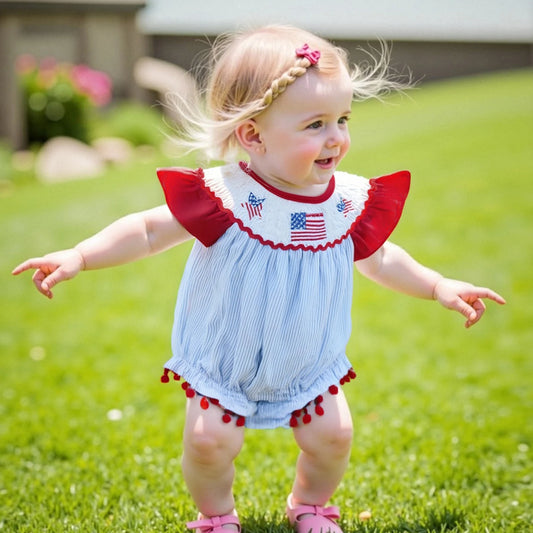 Baby Girls Summer Romper - Ruffles Tassel Flutter Sleeve Striped Flag Embroidery (0-18M)