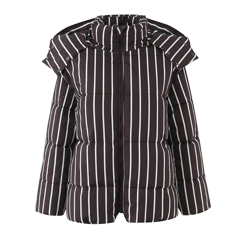 Striped Hooded Bread Jacket - Front Zipper Long Sleeve Warm Coat