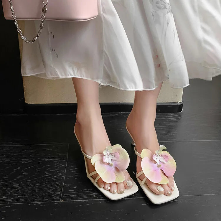 Women's 3D Flower Beach Slippers - Square Toe Heel Sandals