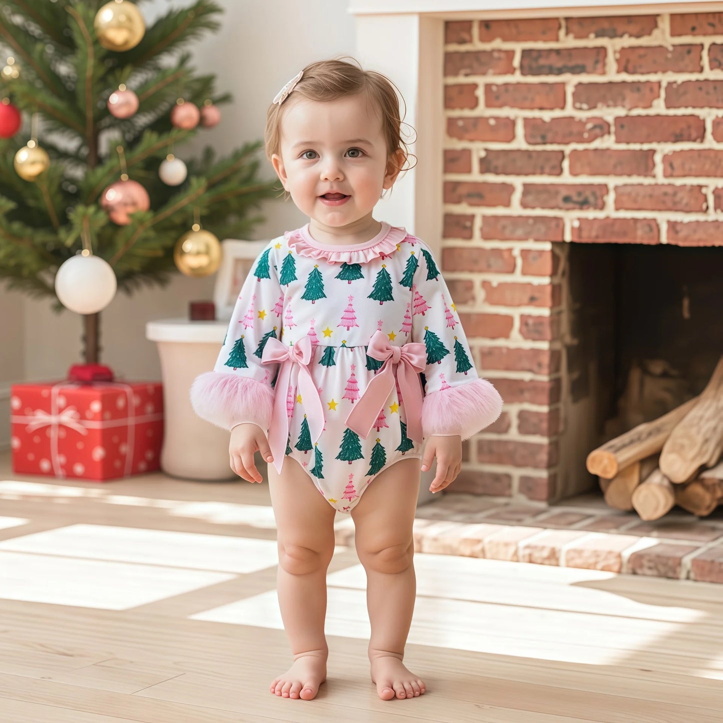 Baby Girls' Christmas Tree Print Romper - Festive Long Sleeve Jumpsuit