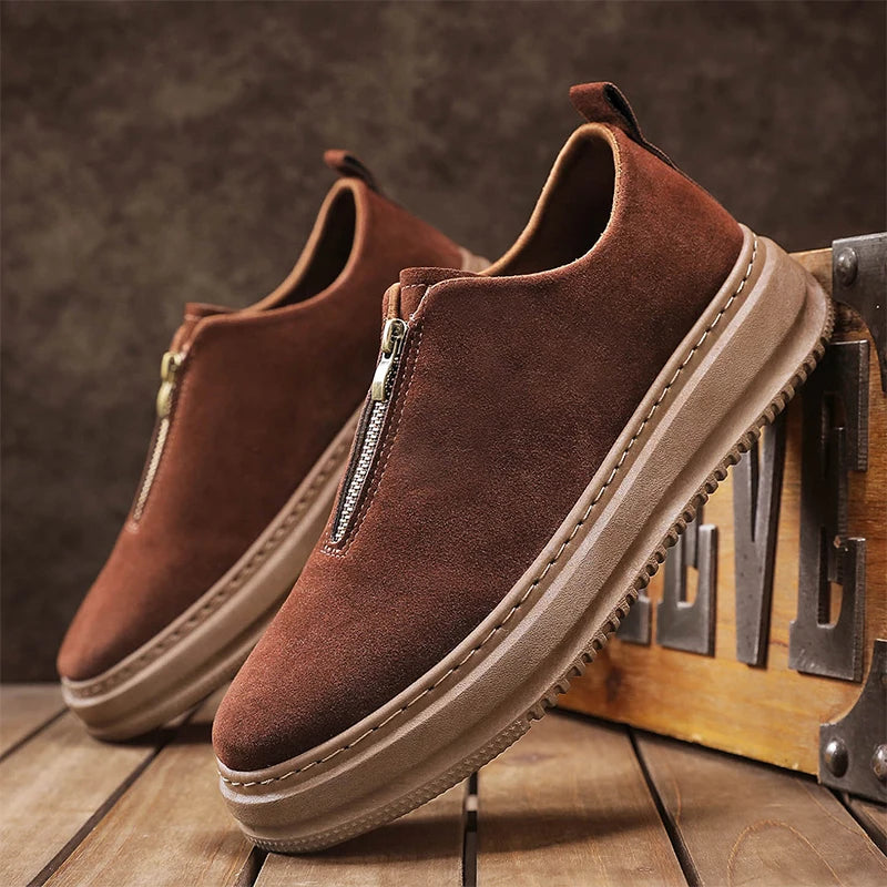 Men's Suede Leather Platform Work Shoes - Zipper Casual Business Sneakers