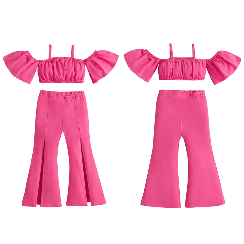 Little Girl's Summer Outfit Set - Off Shoulder T-Shirt & Denim Flare Pants