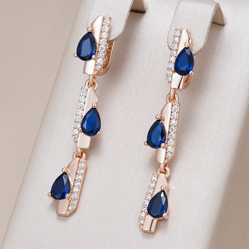 Women's 585 Rose Gold Colour Blue Natural Zircon Geometry Long Dangle Earrings