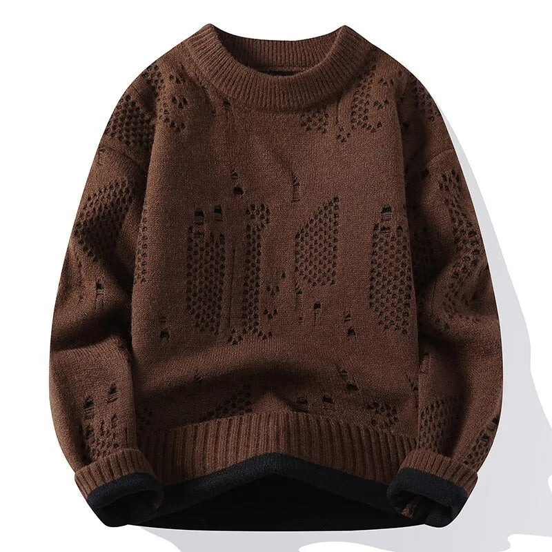 Men's Distressed Knit Sweater - O-Neck Casual Pullover