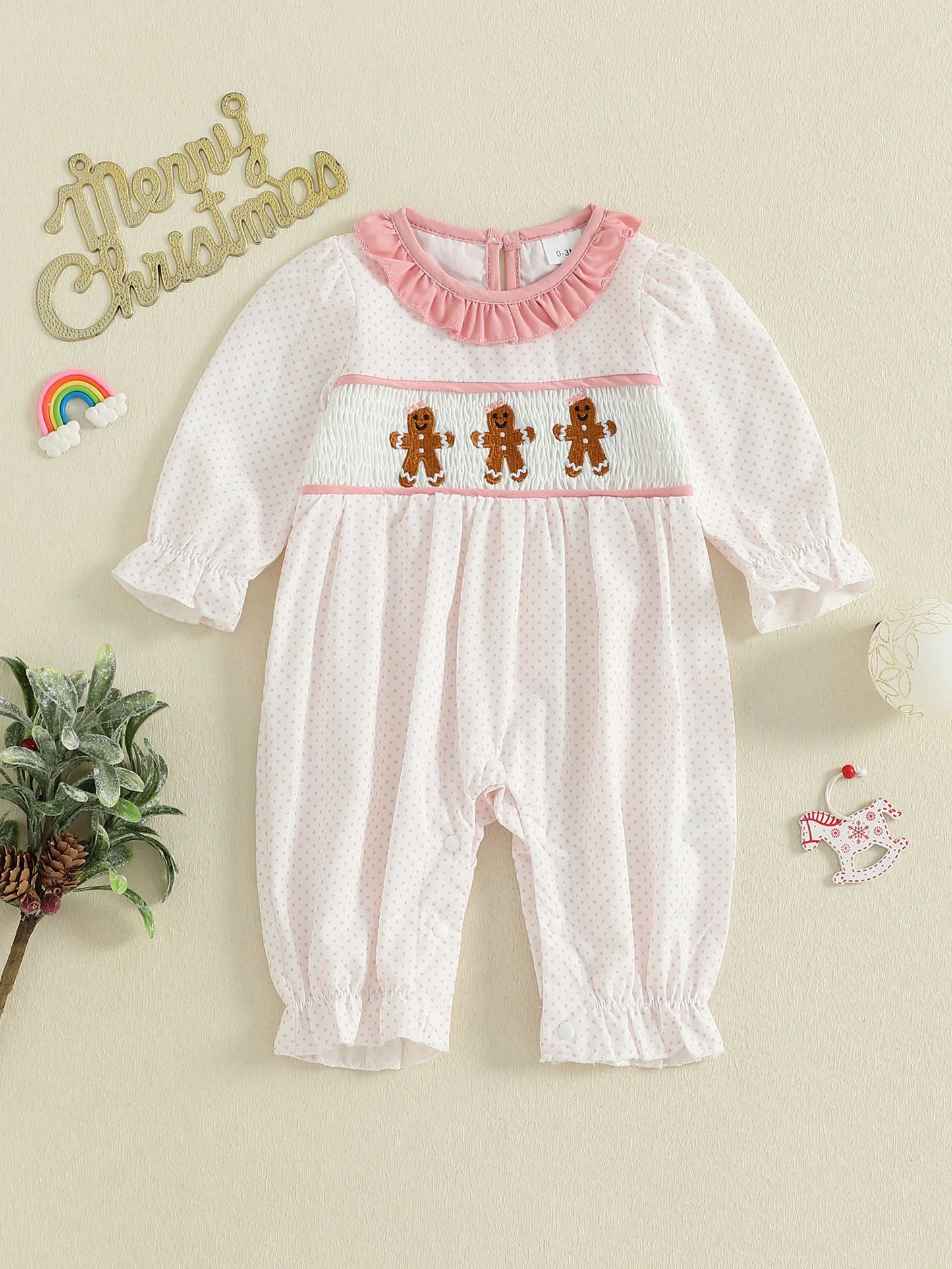 Baby Girls' Christmas Romper - Santa & Gingerbread Embroidery Smocked Long Sleeve Jumpsuit