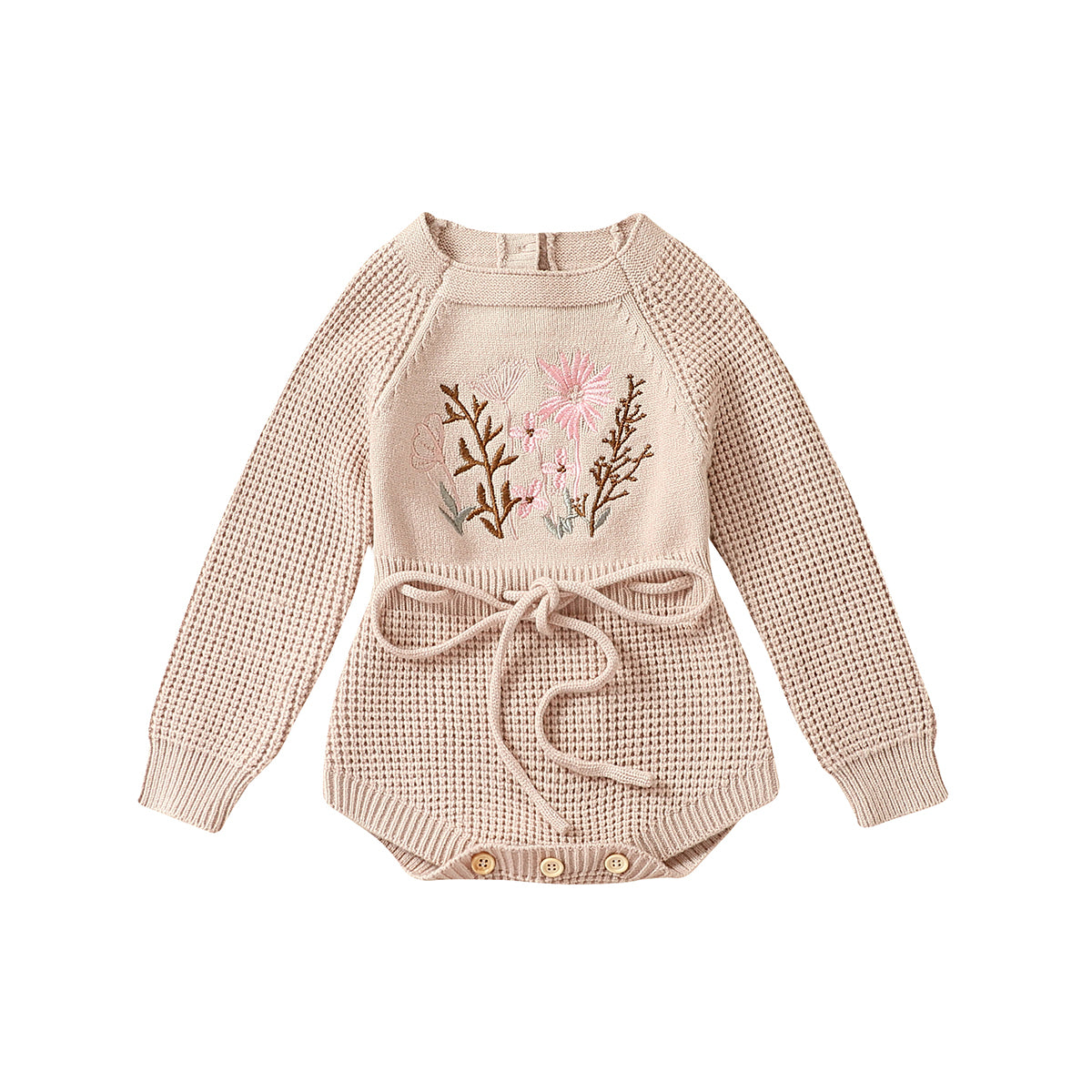 0-24M Baby Girl's Romper Knitted Long Sleeve Flowers Embroidery Elastic Button Jumpsuit