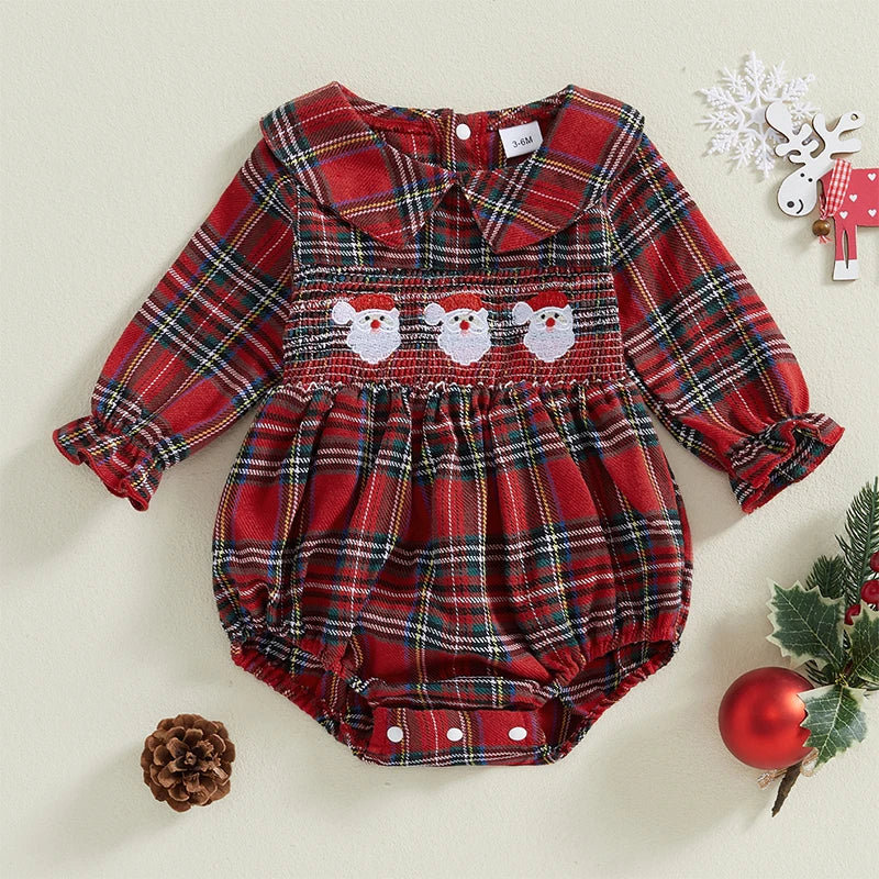 Christmas Santa Embroidery Peter Pan Collar Romper - Baby Girls Plaid Jumpsuit