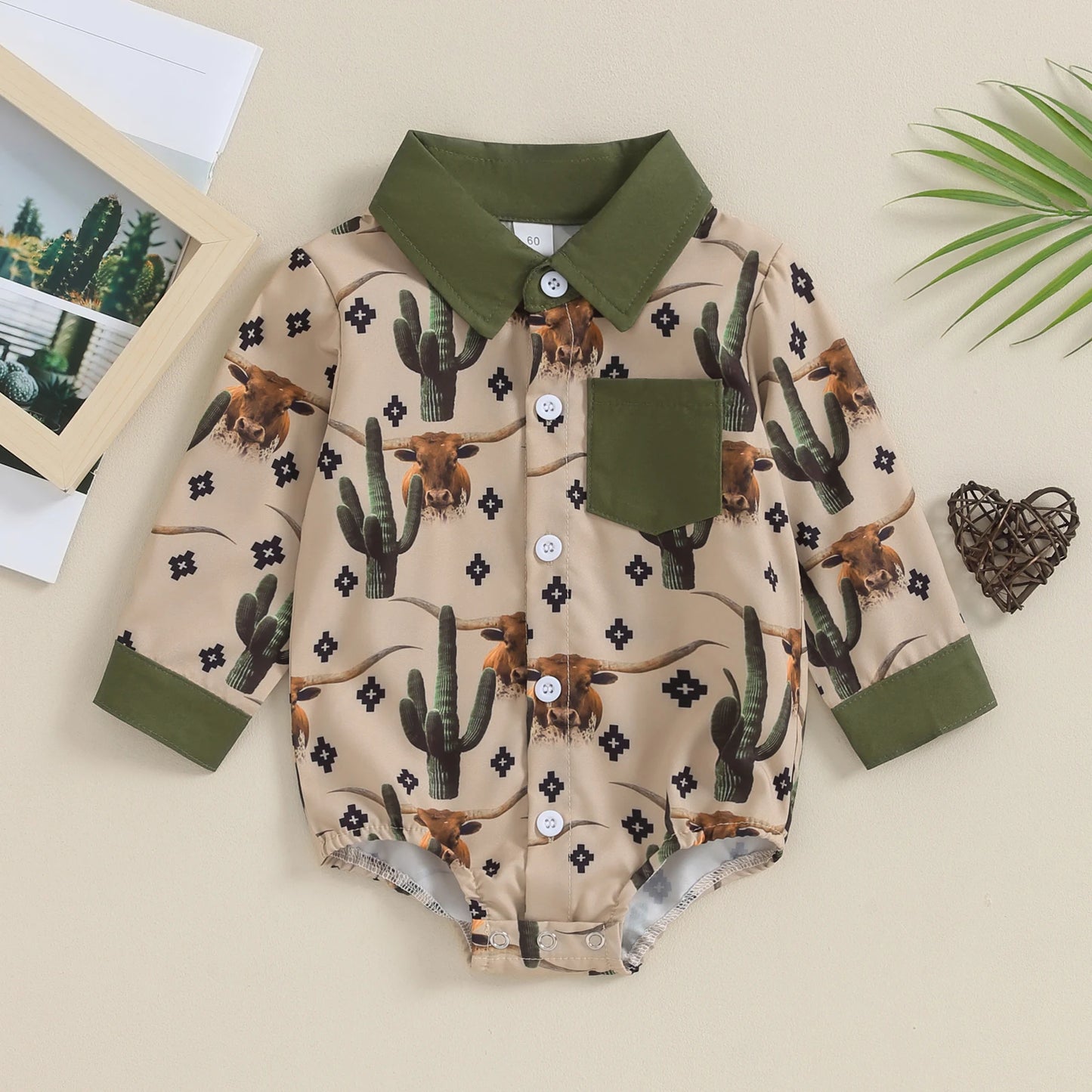 0-18M  Infant Baby Boys Western Jumpsuit Cartoon Cactus/Cattle Print Lapel Long Sleeve Button Down Romper