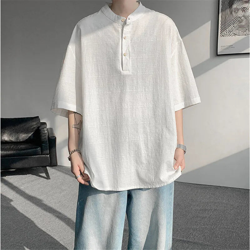 Men's Summer Henry Collar Cotton Linen  Loose Breathable Casual Short Sleeve Shirt
