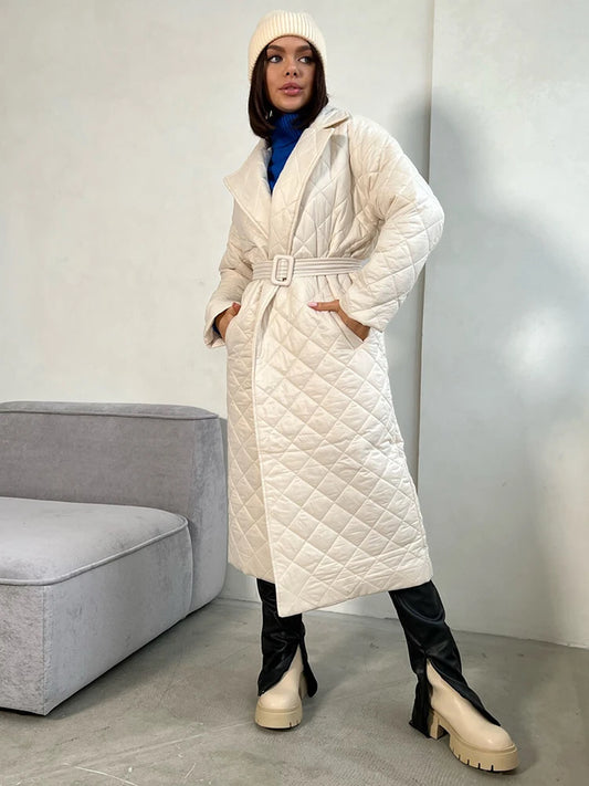 Women's Long Sleeve Parkas Quilted with Belt Trench Coat Warm Down Jacket