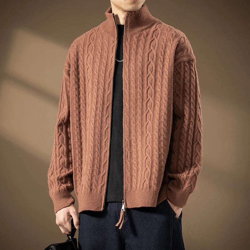 Men's Stand Collar Knitted Cardigan Sweatercoat Loose Fit Warm Casual Jacket