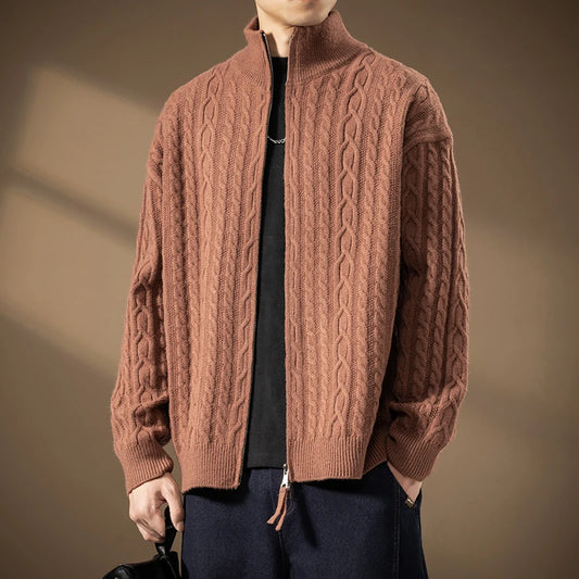 Men's Stand Collar Knitted Cardigan Sweatercoat Loose Fit Warm Casual Jacket