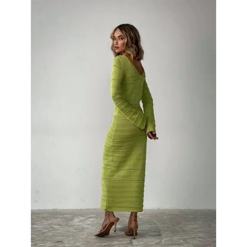 Women's Striped Hollow Two-Wear Knitted Long Dress  Sweater Dress