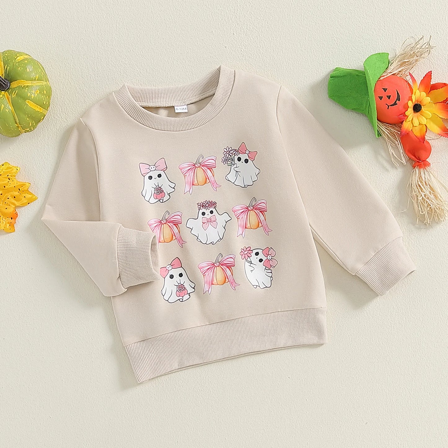 0-4Y Baby Girls Halloween Bow Ghost Print Long Sleeve Round Neck Pullover Sweatshirt