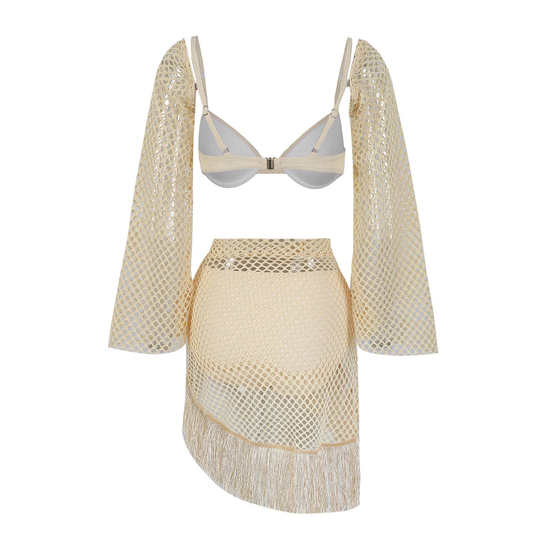 Women's 3-Piece Tassel Swimwear Set - Long Sleeve Top & Mini Skirt Cover Up