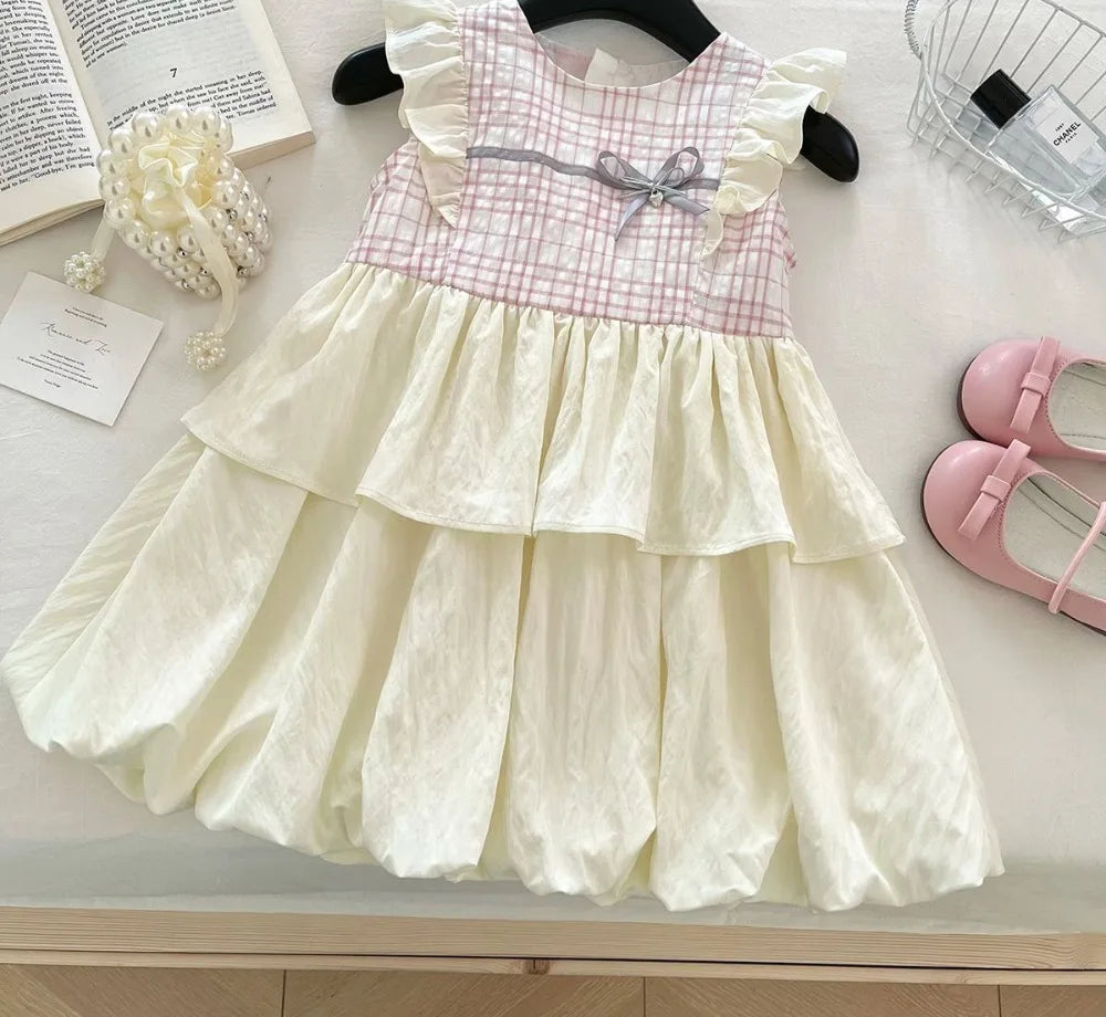 Girl's Summer Round Neck Flying Sleeve Bow Grid Splicing Dress 3-6 years
