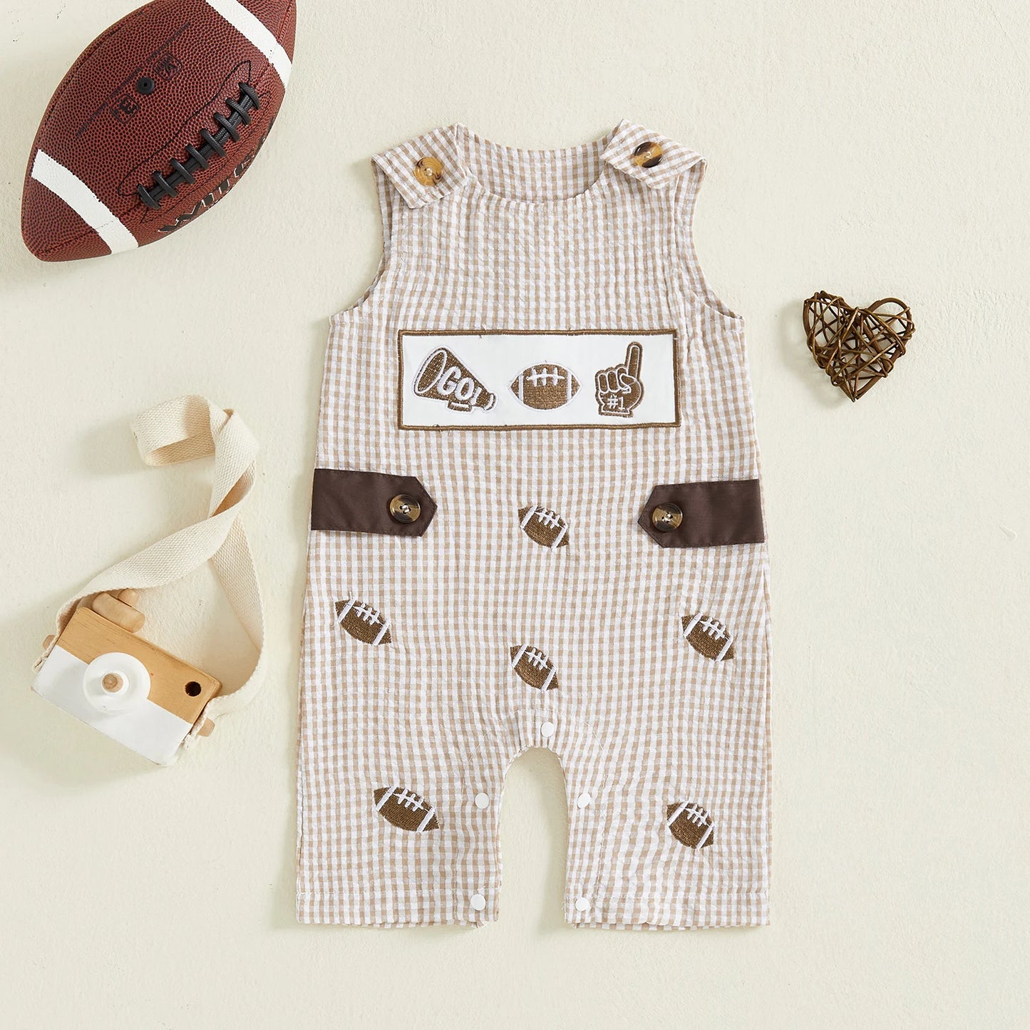 Baby Plaid Romper Overalls - Sleeveless Football Embroidery Jumpsuit (0-18M)