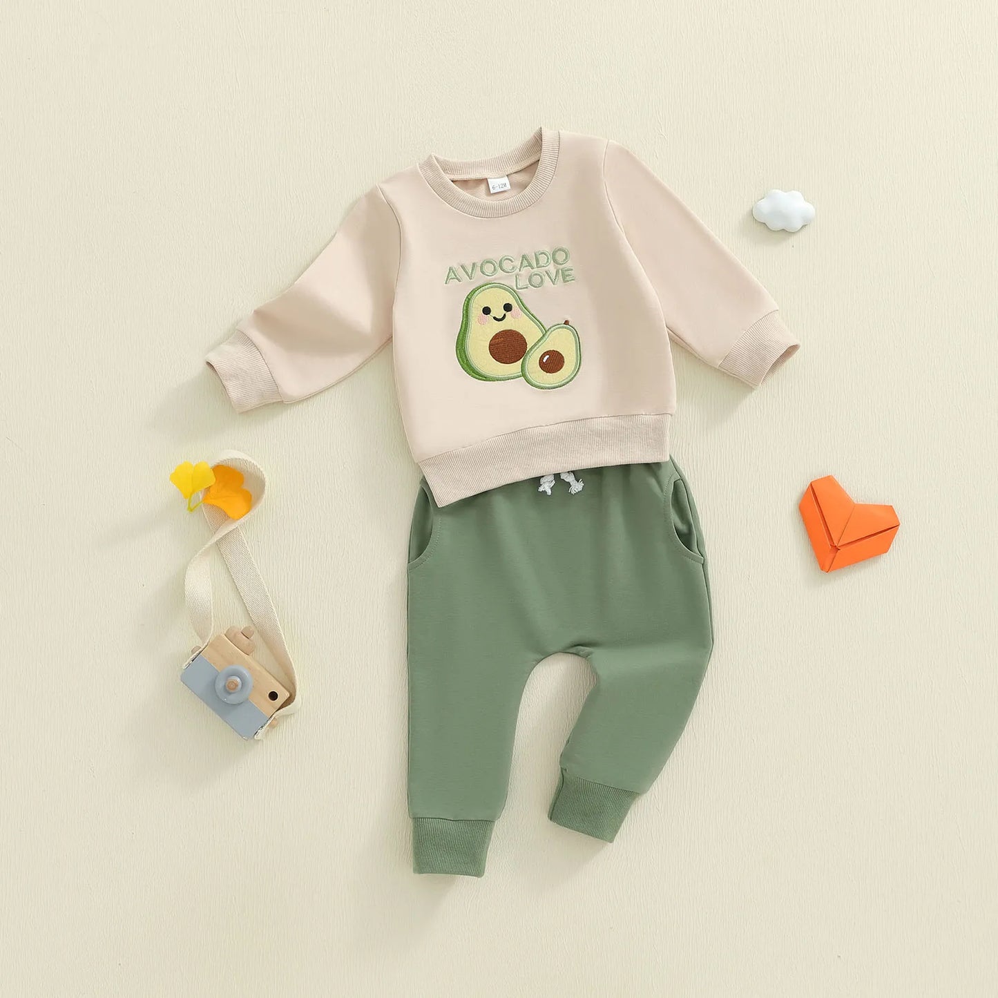 Infant Baby Boys Fall Winter Clothes Set - Fruit Letters Embroidery Long Sleeve Pullover Sweatshirt & Solid Pants