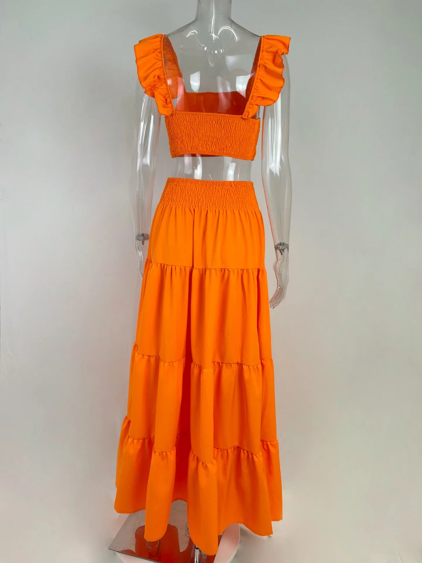 Women's Square Collar Flying Sleeve Ruched Crop Top & A-Line Ankle Skirt Set