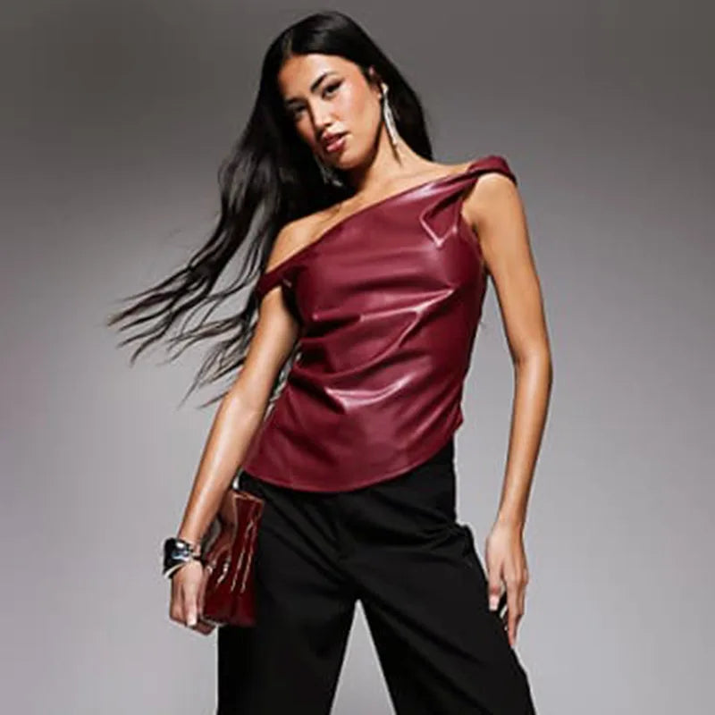 Women's Skew Collar Short Leather Sleeveless Pleated Pullovers Irregular Top