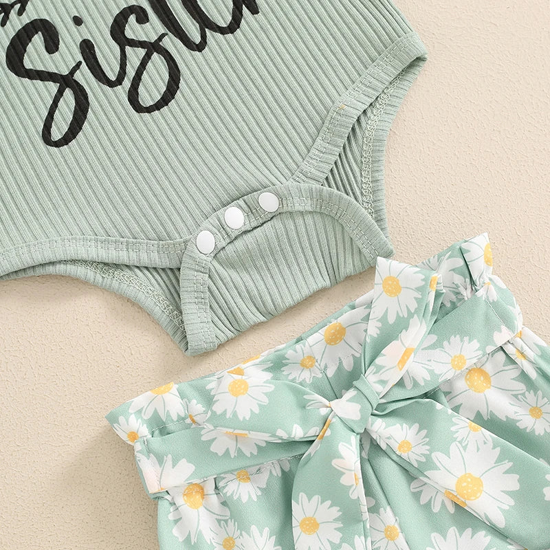 0-24M Baby Girls Summer Clothes Sets 3pcs Letter Print Short Sleeve Romper Sunflowers Shorts with Belt Headband