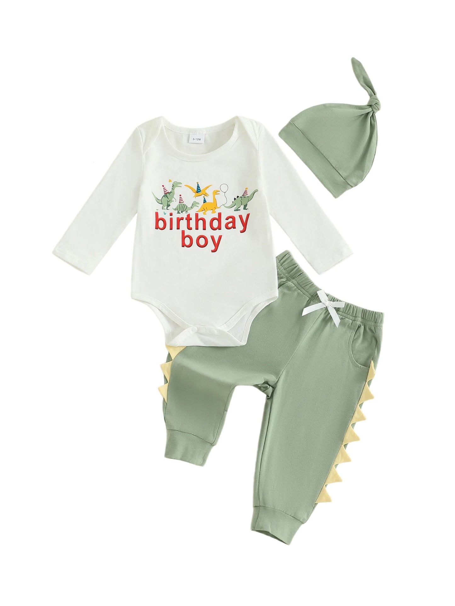 Baby Boys Dinosaur Outfit Set - 3-Piece Long Sleeve Romper, Pants & Hat (0-24M)