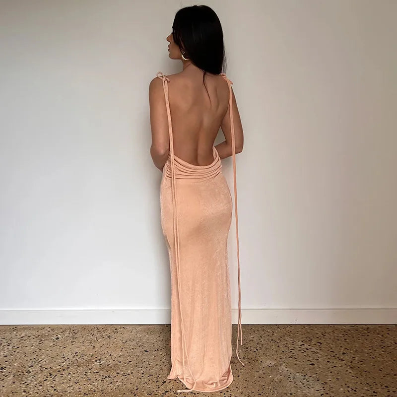 Women's Backless Draped Maxi  Party Sleeveless Knit Ruched Long Dress