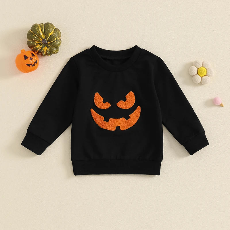 0-5Y Kids Girls Boys Halloween Pumpkin Embroidery Long Sleeve Pullovers Sweatshirt