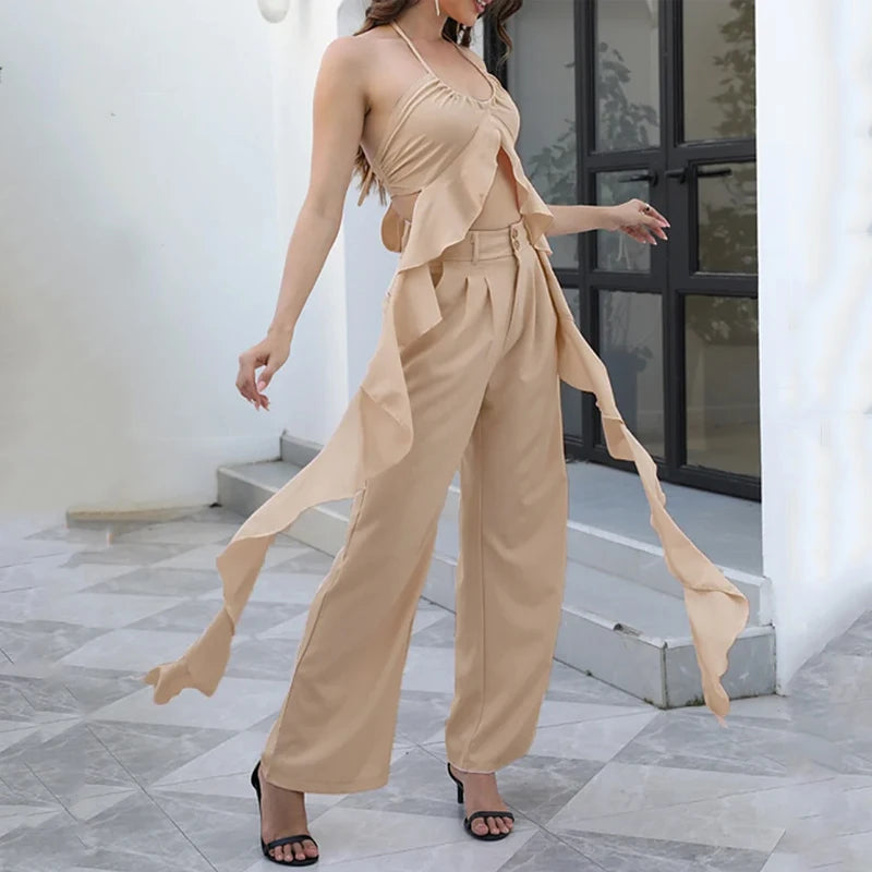 Women Summer Solid Halter Sling Sleeveless Backless Lace Up Ruffles Long Top Loose Trousers Two Piece Set