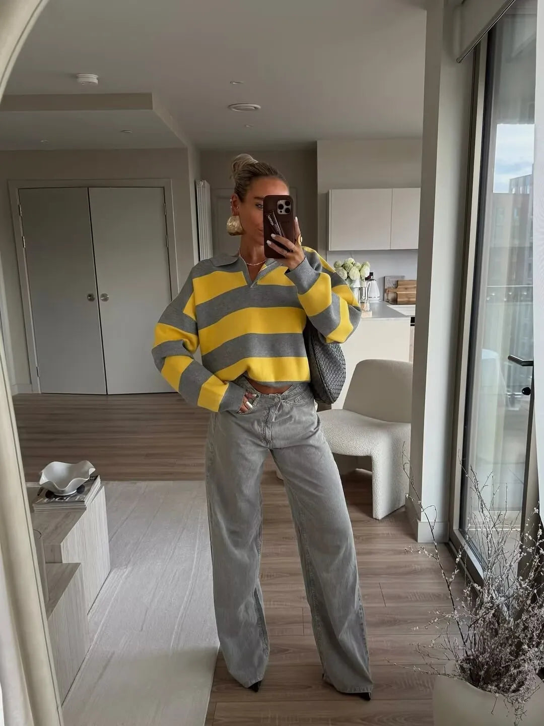 Striped Knit Polo Neck Sweater