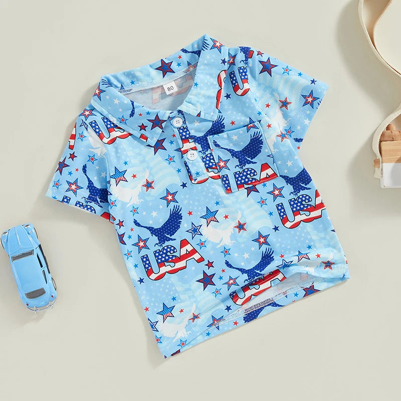 0-4Y Toddler Kids Boys T Shirt Short Sleeve Eagle/Donut/Bull/Fireworks Print Pullover Tops for Independence Day