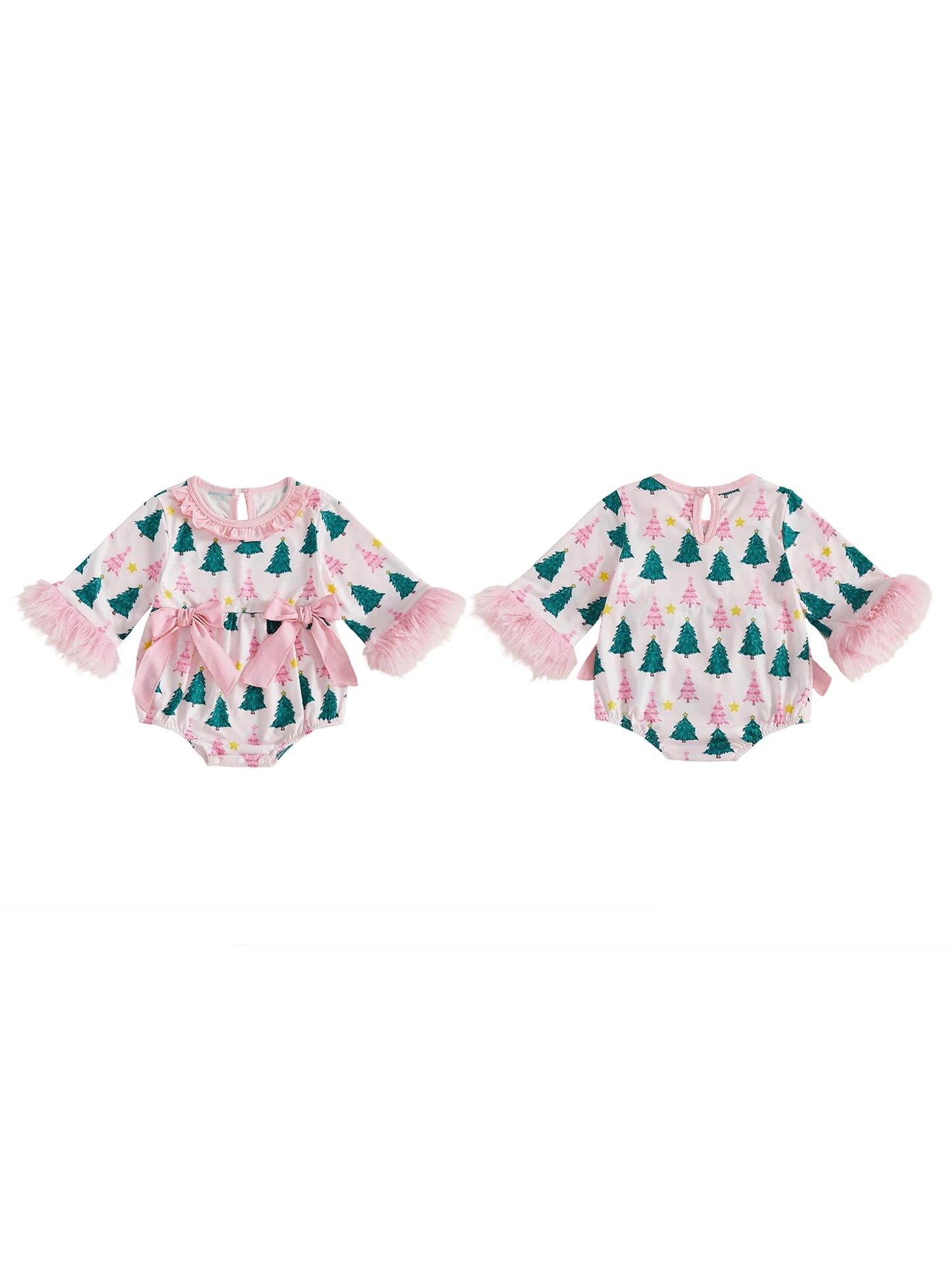 Baby Girls' Christmas Tree Print Romper - Festive Long Sleeve Jumpsuit